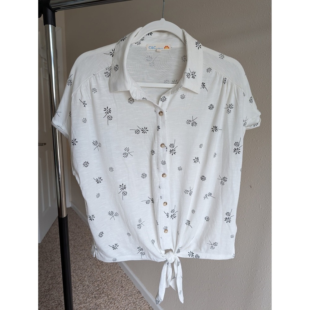 C&C California Womens Large White Black Daisy Floral Tie Front Button Down Shirt